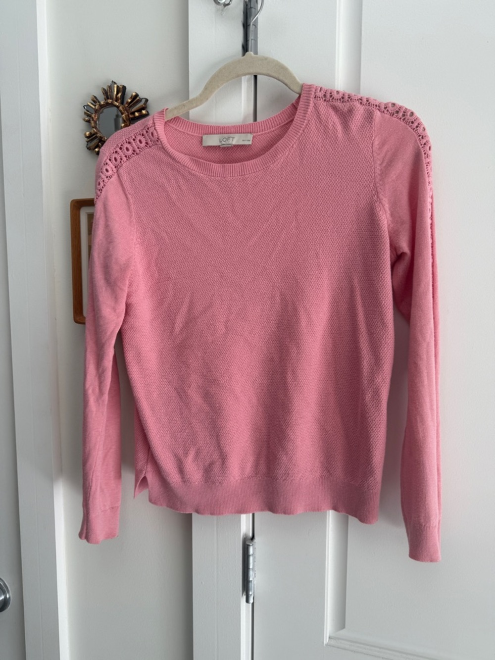 LOFT Pink Crewneck Sweater with Lace-Trim Shoulders